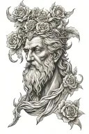 poseidon god with roses and embers tattoo design idea