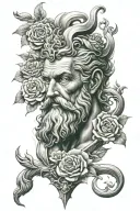 poseidon god with roses and embers tattoo design idea
