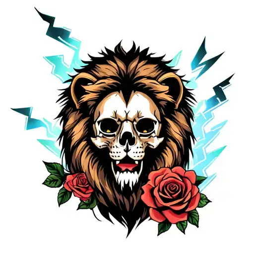 skull and lion and roses and lightning  tattoo design idea