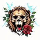 skull and lion and roses and lightning  tattoo design idea