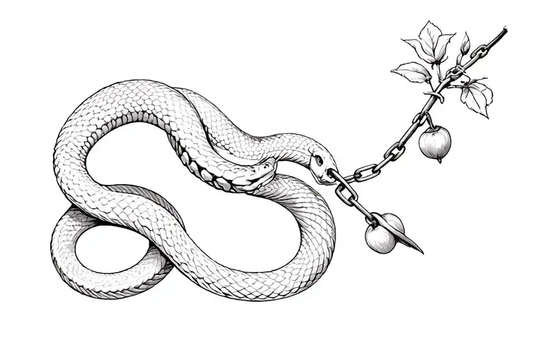 Large king cobra outstretched and twisted around heavy gauge chains. A flowering and fruiting pomegranate branch is pres tattoo design idea