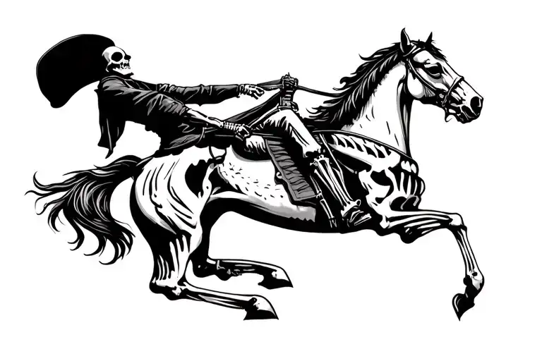 grim reaper riding horse skeleton, suburban neighborhood landscape tattoo design idea