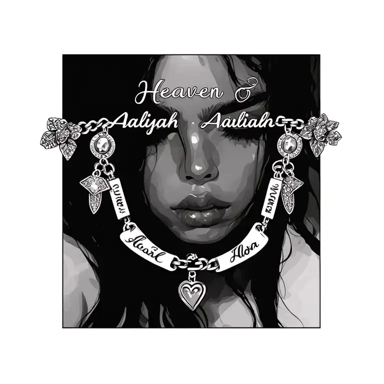 Show me pictures of a tattoo idea I want a bracelet with charms around my wrist with the names Heaven Aaliyah and Alora  tattoo design idea
