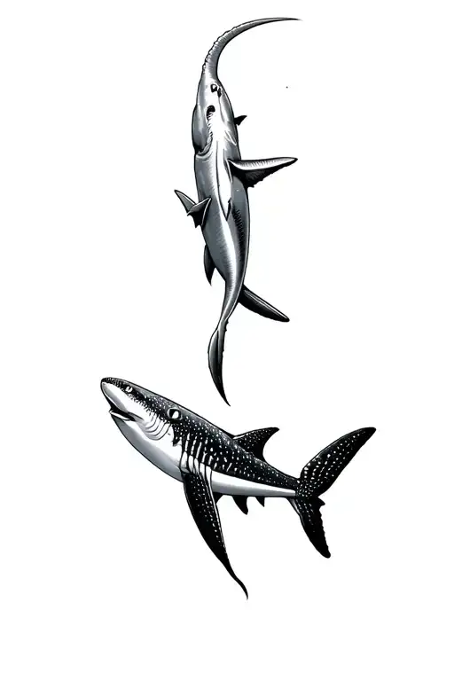 a fine line tattoo of a hammerhead and a whale shark swimming side by side tattoo design idea