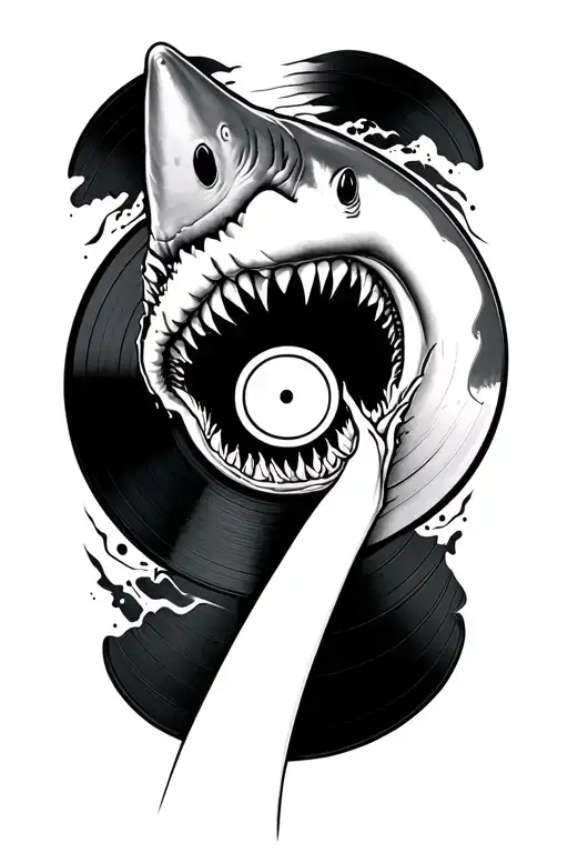 shark blackwork biting a vinyl record tattoo design idea