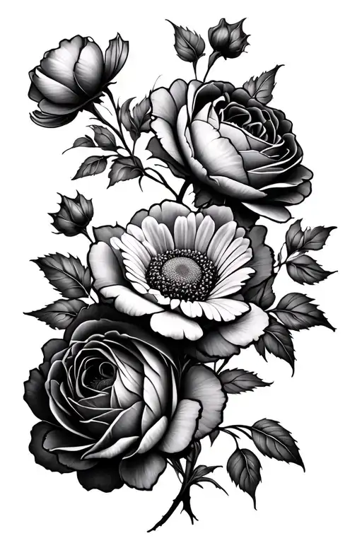 rose, Daisy, peony flowers intertwined tattoo design idea