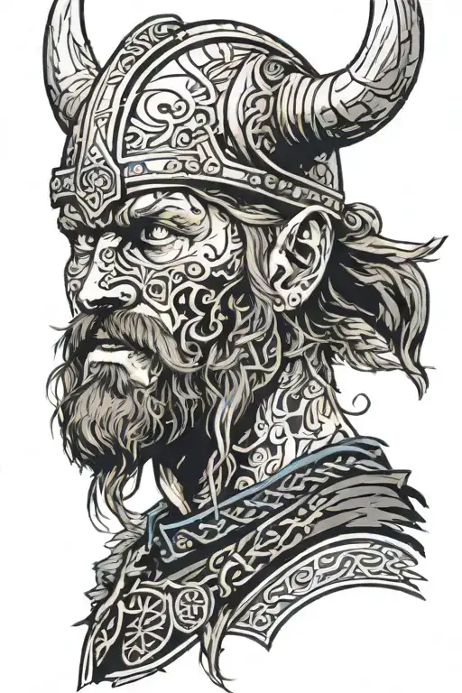 Viking's face, close-up, but half of his face is already dead and without a pupil, on his head is a helmet without horns with a Scandinavian tattoo design idea