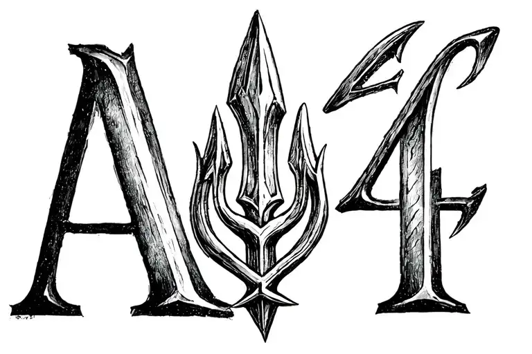letter A and number 4 with trident emblem intertwined tattoo design idea