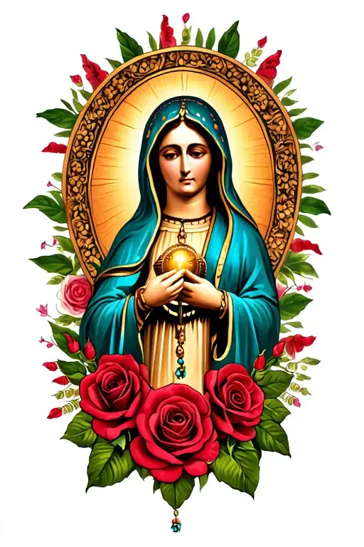 virgen de Guadalupe Mexican with roses and rosary tattoo design idea