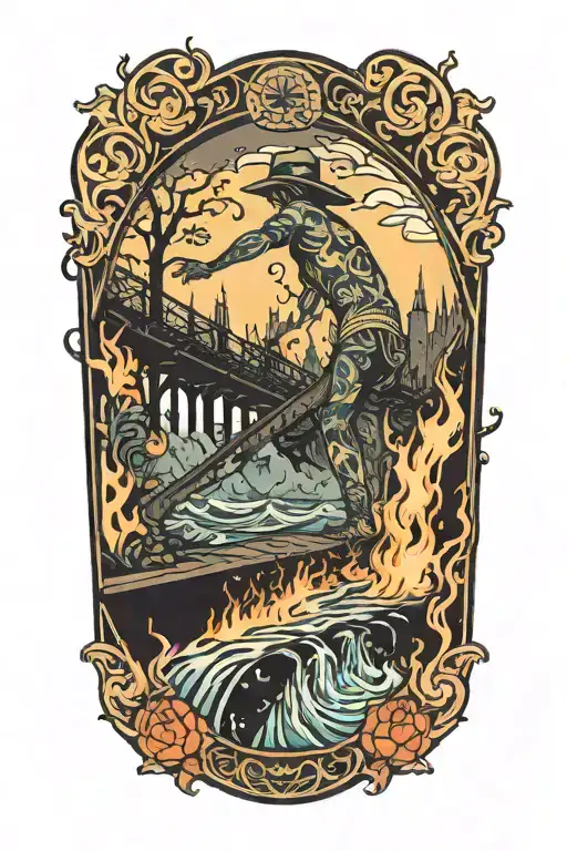 Digital rivers flowing from knee, twisting into burning bridge on thigh with figure walking toward light tattoo design idea