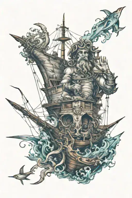 poseidon y brujula marina filled with boats tattoo design idea