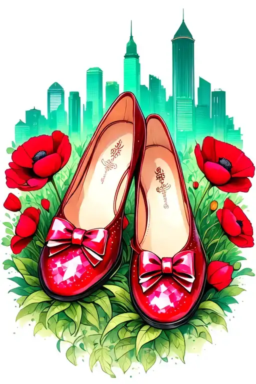 two sparkly flat red ruby shoes with bows on toes with emerald city in background surrounded by poppies tattoo design idea