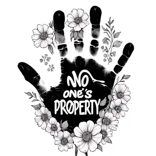 realistic hand print surrounded by flowers with the words no one's property tattoo design idea