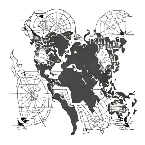 A silhouette of a twin holding hands, with a map of the world in the background tattoo design idea