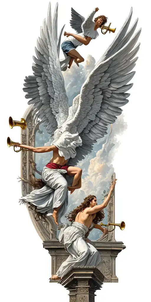 angels fighting demons flying with open wings and heavens gates in background and trumpets playing tattoo design idea