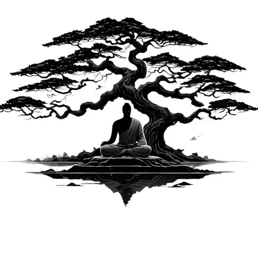 A peaceful monk meditating under a large ancient tree, like a bonsai or bodhi tree, with flowing robes and a serene expr tattoo design idea