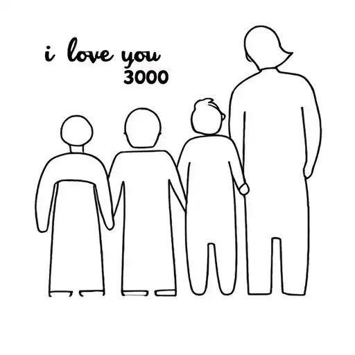 Line art tattoo, family of five, with phrase "i love you 3000" tattoo design idea