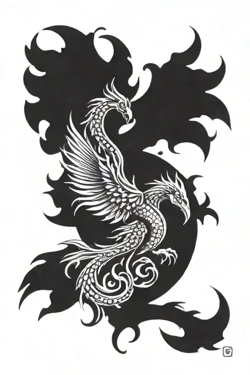 a tattoo design showing the silhouette of a phoenix and a dragon, the tattoo will be located on the back tattoo design idea