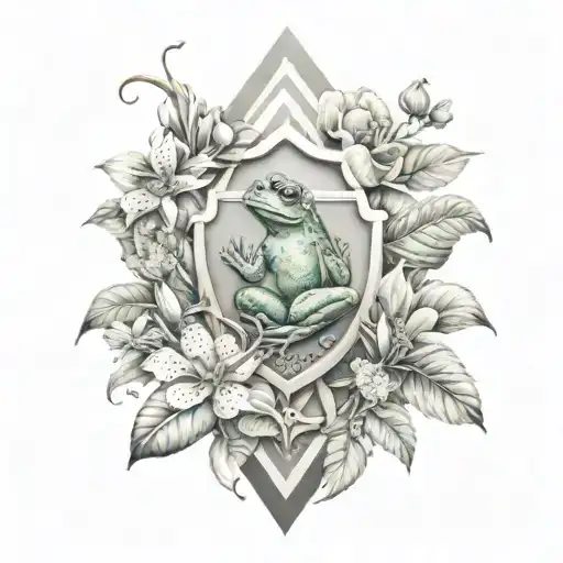 teopical flowers with coqui frog and a Zulu tribe shield  tattoo design idea