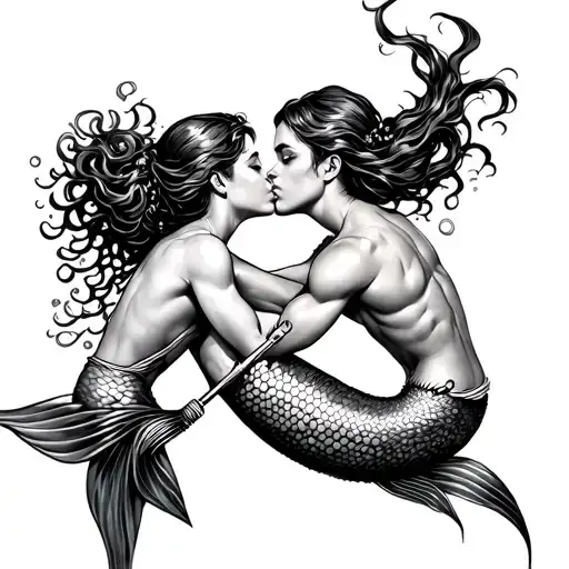 mermaid kissing diver while cutting his oxygen tank behind his back tattoo design idea