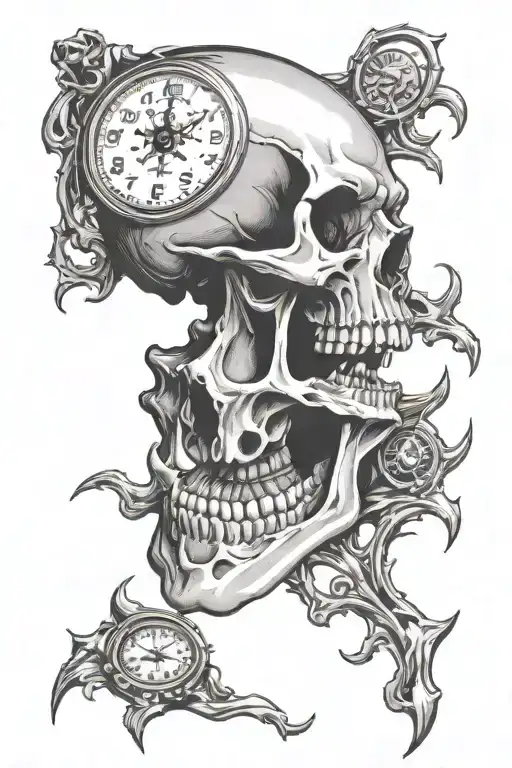 skull with clock in mouth wide open tattoo design idea