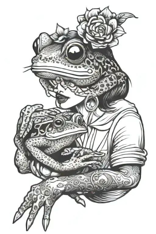 beautiful and dark woman holding a frog in her open hand and giving it a kiss tattoo design idea