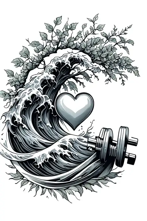 A stylized Aquarian wave intertwined with a heart, ivy for growth, weights for gym, and a family tree, radiating positiv tattoo design idea