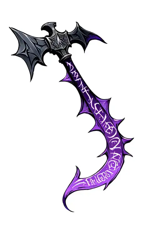 dwarven wing bladed axe made with black steel with purple enchanted letters across the blades  tattoo design idea