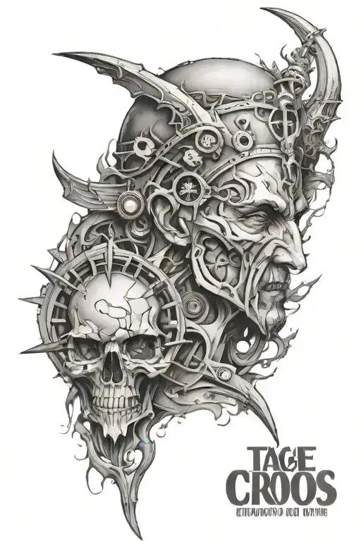the face of the god chronos, with the phrase "time waits for no one" above and below with the phrase "your mind must ove tattoo design idea