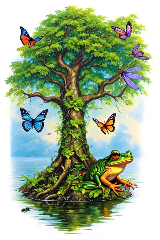memorial tree with butterflies, dragonflies and frogs tattoo design idea