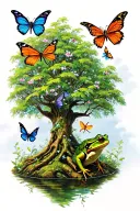 memorial tree with butterflies, dragonflies and frogs tattoo design idea