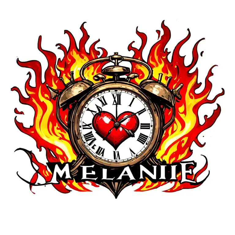 "Mélanie" clock heart in flame tattoo design idea