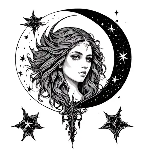 Lilith symbol with virgo zodiac sign with moon and stars tattoo design idea