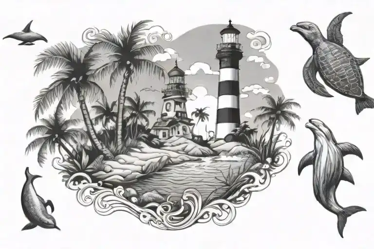 beach scene with palm trees and light house and underwater scene with sea turtle and dolphins tattoo design idea