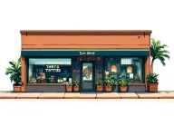 outside of 2 story tattoo shop with big windows and plants inside them tattoo design idea