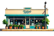 outside of 2 story tattoo shop with big windows and plants inside them tattoo design idea