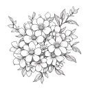 Creates a delicate floral composition with several flowers such as Sakura. Use fine and clear lines tattoo design idea