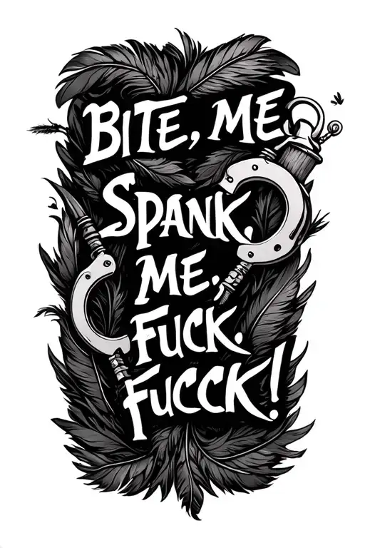 "Bite me, Spank me, fuck me! " handcuffs, spanking-paddle,  flogger rising crop with blanfolds and feathers as filler around them  tattoo design idea