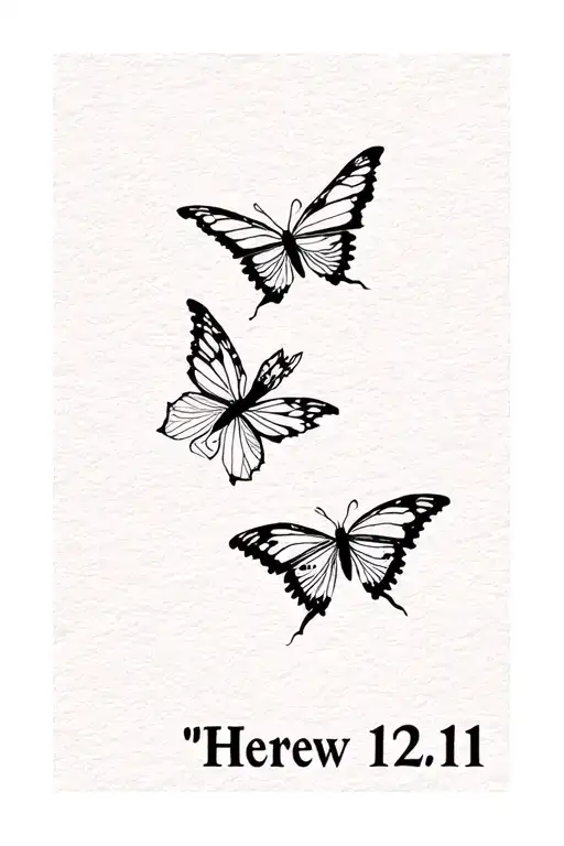 "Hebrew 12:11" two butterflys flying away with a text under reading "Hebrew 12:11" tattoo design idea