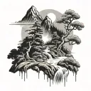 Japanese mountain scene with river flowing, trees tattoo design idea