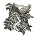 Japanese mountain scene with river flowing, trees tattoo design idea