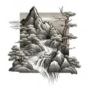 Japanese mountain scene with river flowing, trees tattoo design idea