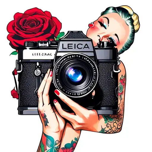 A rockabilly pin-up girl, front view, winking with charm. She's holding a vintage Leica camera in front of her. She wear tattoo design idea