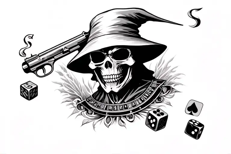 grim reaper gamble cards dice roulette baccarat smoking gun tattoo design idea