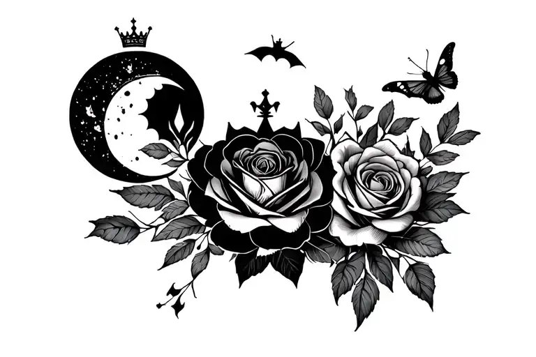 "Sompita V" tattoo has queen crown, moon, rose, minimal leafs, vampire bat, butterfly, asthetic small one line minimalistic tattoo  tattoo design idea