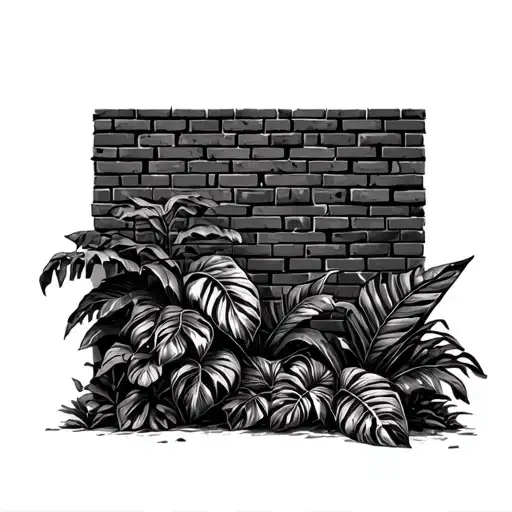 brick wall overgrown tropical foliage tattoo design idea