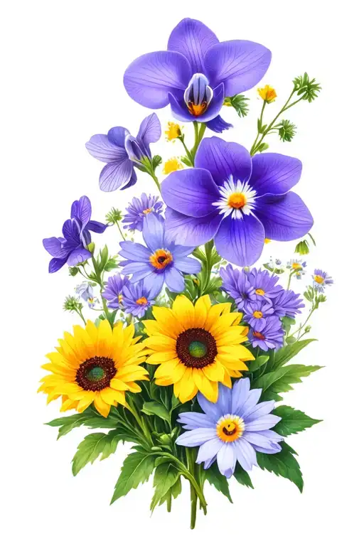 violets, primroses, asters, sunflowers, orchids daisies and wildflowers tattoo design idea
