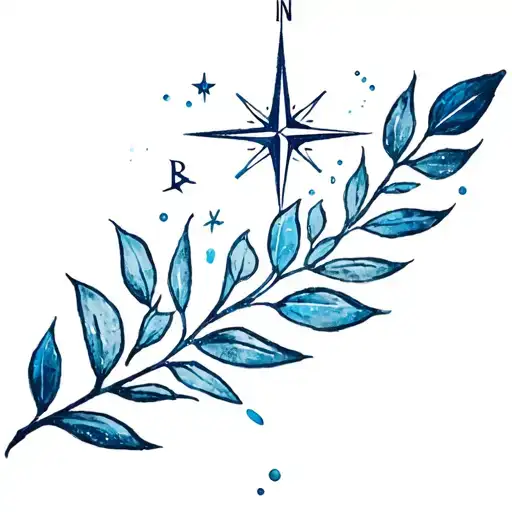a simple feminine tattoo with: a half laurel leave wrapping a compass needle with a north star above it and a blue dust tattoo design idea