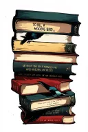 to kill a mocking bird inspired stack of 5 books floating tattoo design idea