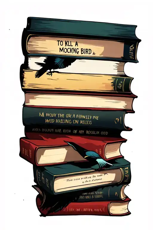 to kill a mocking bird inspired stack of 5 books floating tattoo design idea